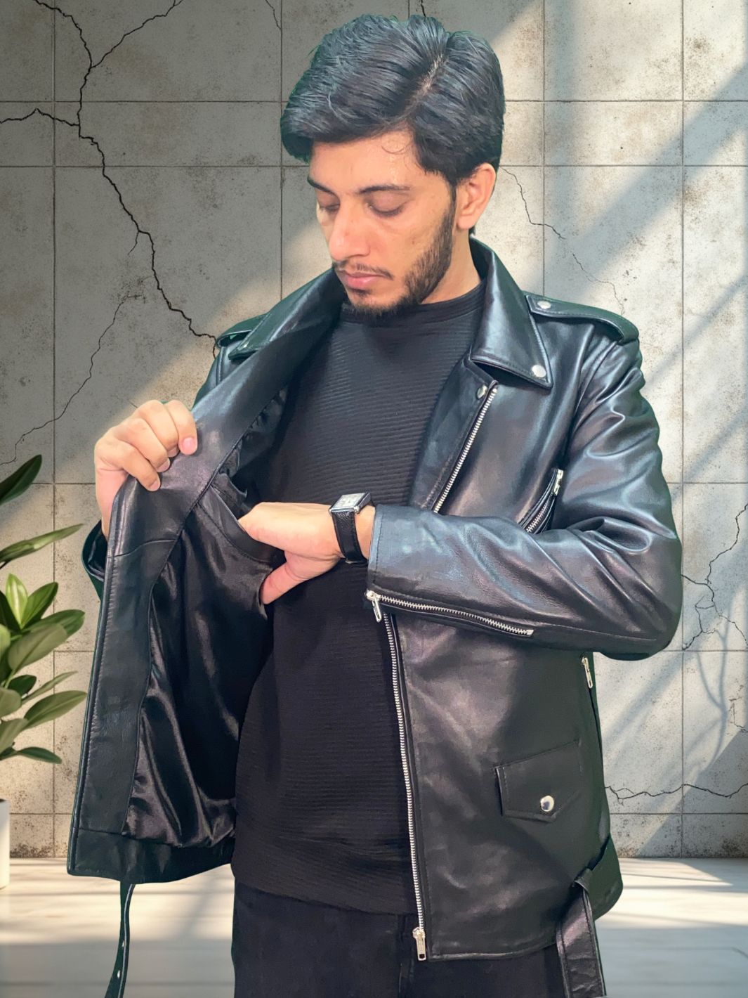 Asymmetrical Biker Jacket With Belt