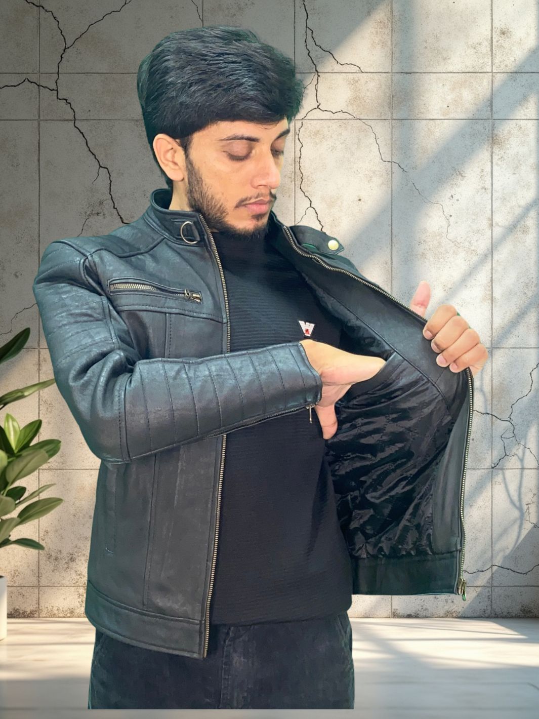 Padded Lambskin Biker Style Jacket (Unique Coal Effect Vintage Colour leather)