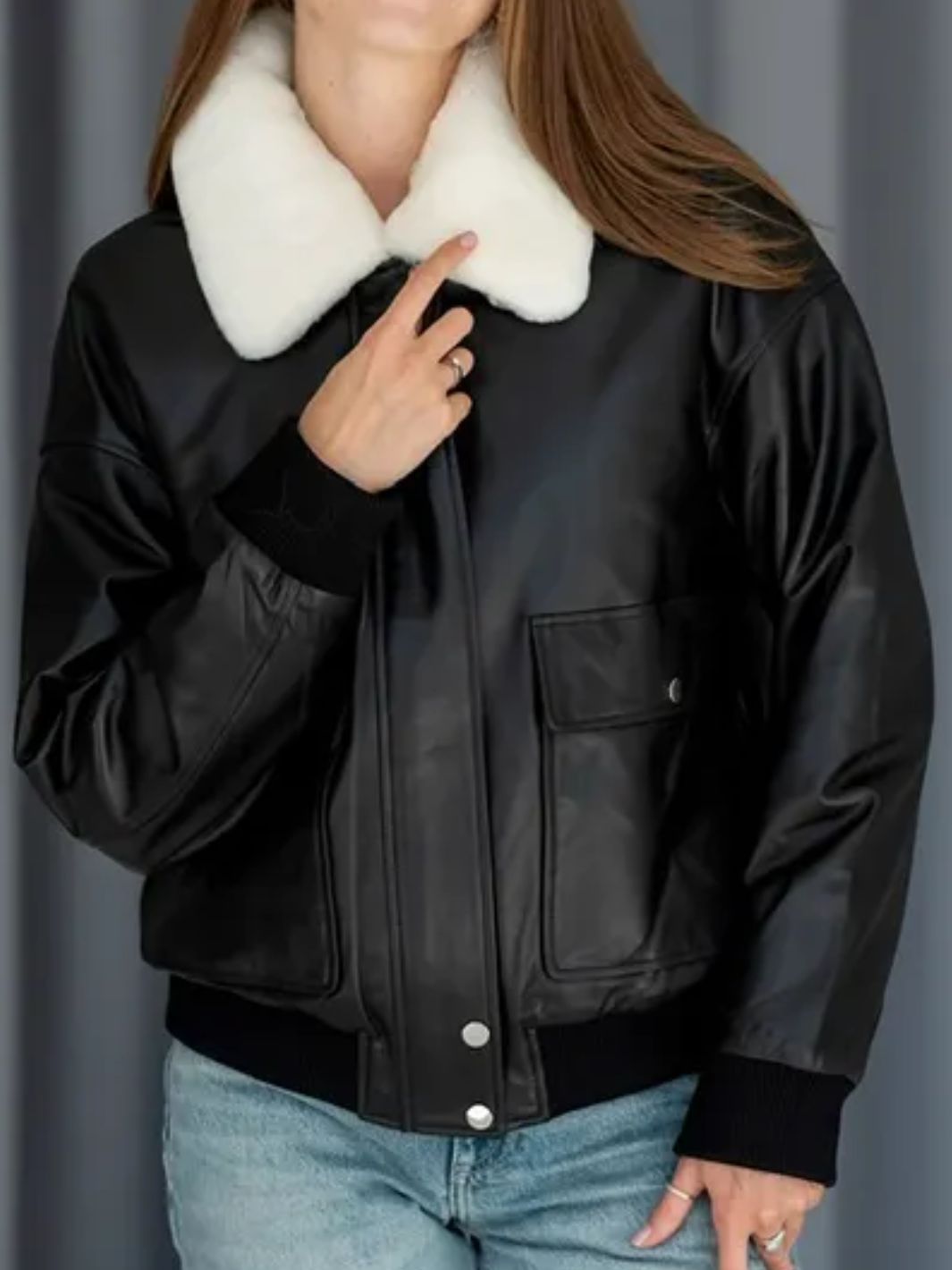 Bomber jacket with sheepskin collar