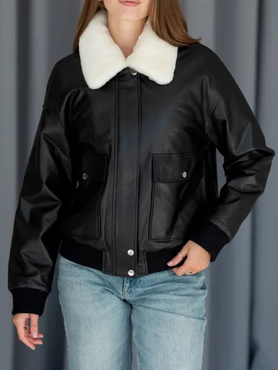 Bomber jacket with sheepskin collar