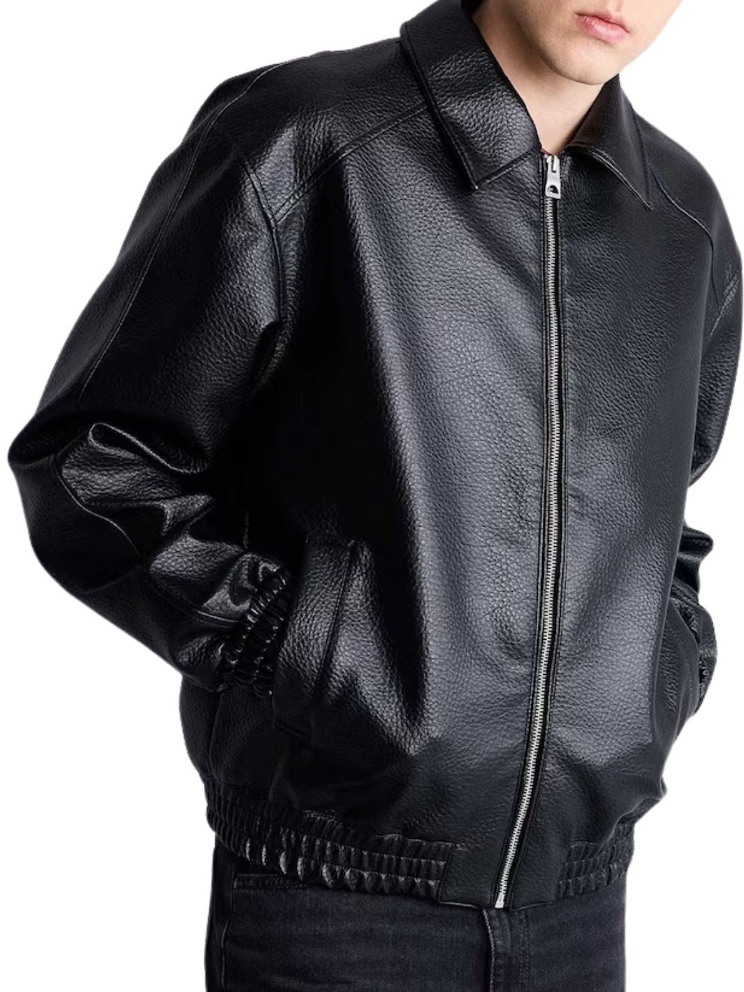 Shirt Collar Bomber Jacket (Textured Leather)