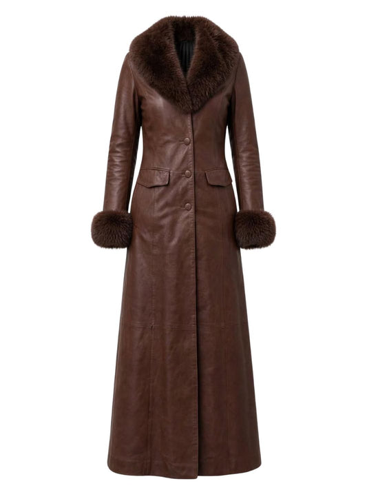 Leather Long Coat With Shearling Fur Collar and cuffs