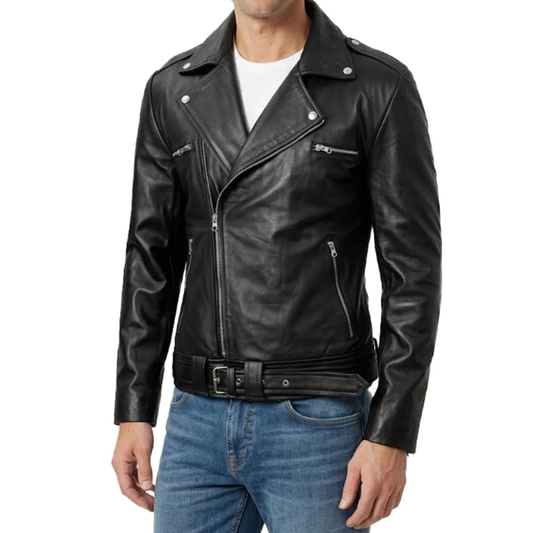 Men's Black Asymmetrical Leather Belted Jacket