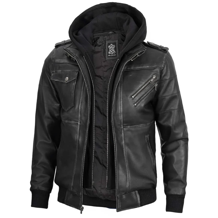 Blouson aviateur en cuir pour homme avec capuche amovible