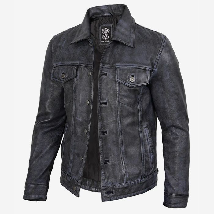 Veste de camionneur en cuir véritable vieilli noir pour homme