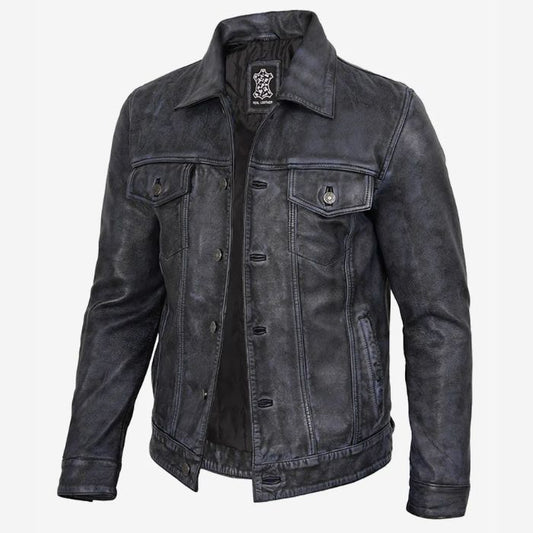 Men’s Black Distressed Real Leather Trucker Jacket