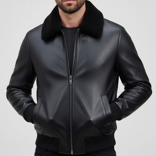 Men's Leather Bomber Jacket with Sheepskin Shearling Collar Ribbed Cuff & Waist