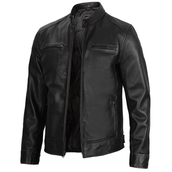 Men's Black Leather Cafe Racer Jacket