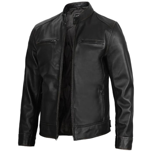 Men's Black Leather Cafe Racer Jacket
