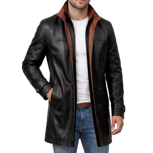 Men's Wide Lapel Lambskin 34 Length Leather Jacket